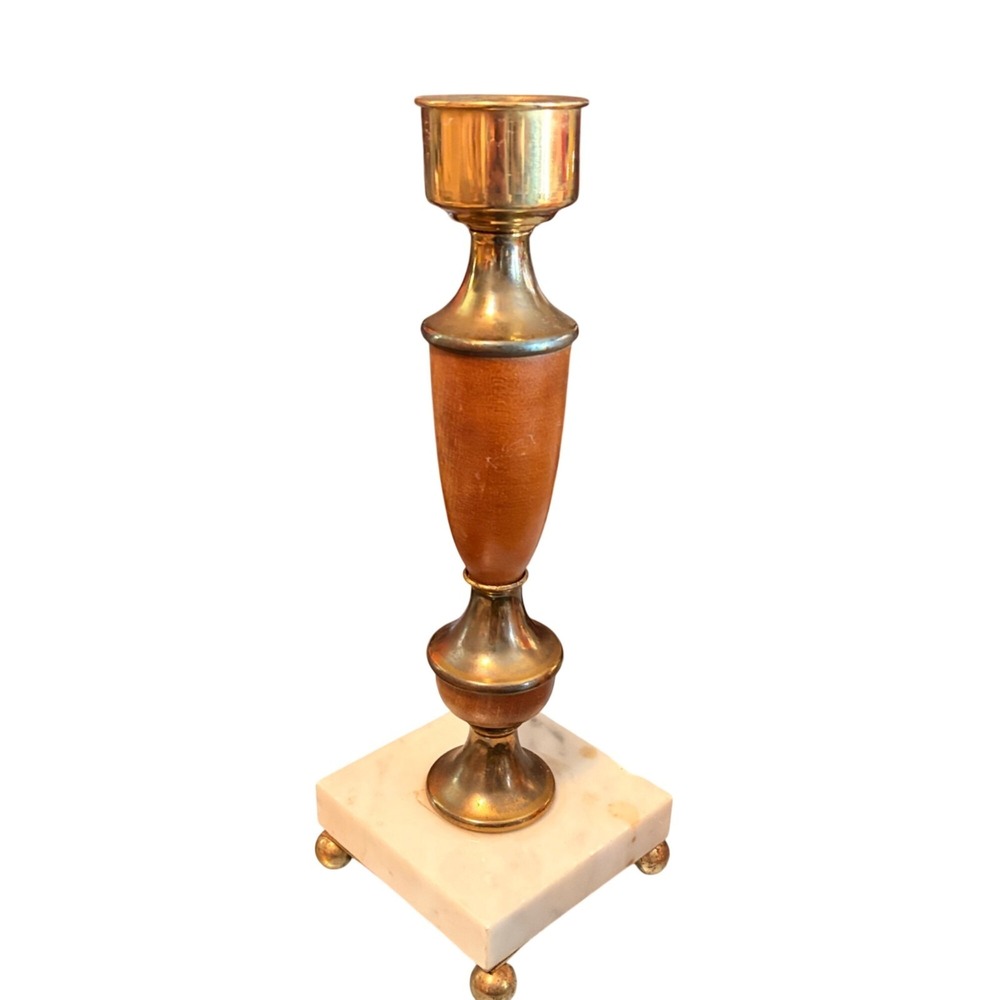 MCM Italian Brass Wood Marble Base Candle Holder VTG 11"‎ Tall Made in Italy